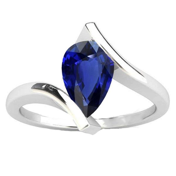 Solitaire Pear Deep Blue Sapphire Ring 14K Gold Tension Style 2 Carats