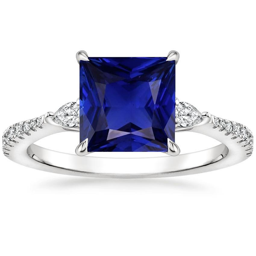 Solitaire Princess Blue Sapphire Pear & Round Diamond Accents 6 Carats