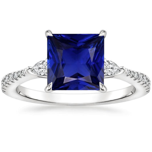 Solitaire Princess Blue Sapphire Pear & Round Diamond Accents 6 Carats