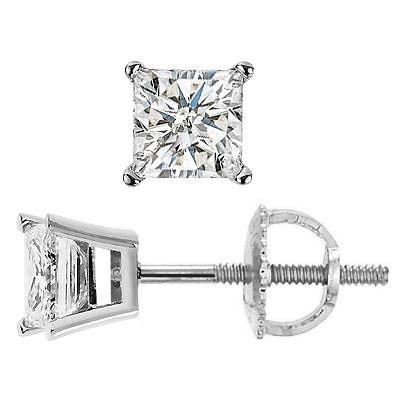 Solitaire Princess Cut Diamond Stud Earring 1.70 Carats White Gold