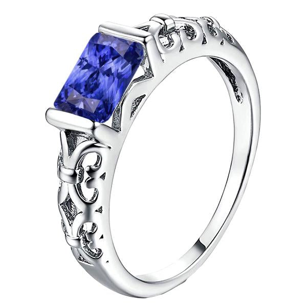 Solitaire Radiant Bar Set Blue Sapphire Ring Antique Style 2 Carats