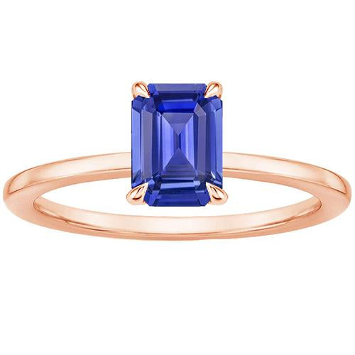 Solitaire Ring Ceylon Sapphire 3 Carats Emerald Cut Rose Gold 14K