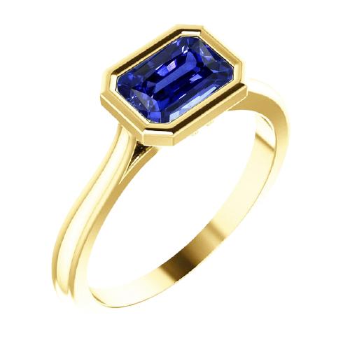 Solitaire Ring Emerald Blue Sapphire Bezel Set 1.50 Carats Gold 14K