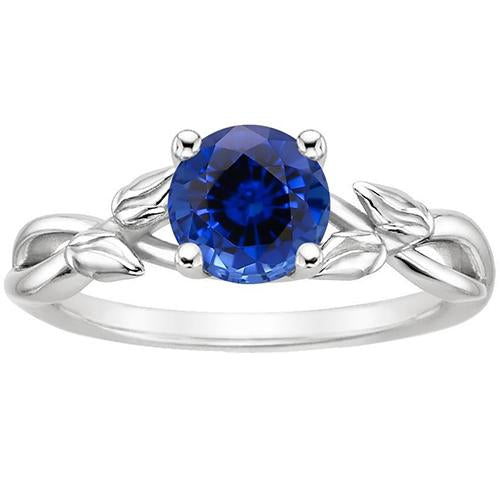 Solitaire Ring Natural Blue Sapphire Split Shank Leaf Style 2 Carats