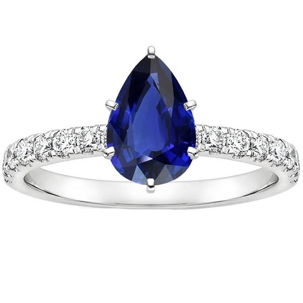 Solitaire Ring Pear Blue Sapphire Pave Set Diamond Accents 5.25 Carats