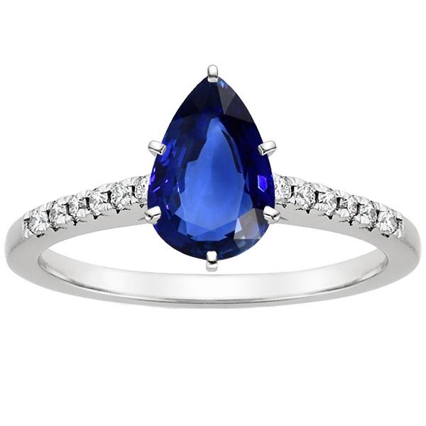 Solitaire Ring Pear Blue Sapphire With Accents Pave Diamonds 5 Carats