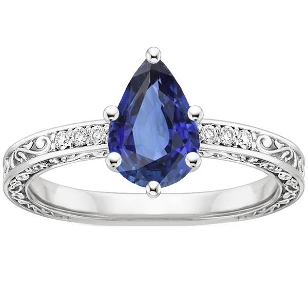 Solitaire Ring Pear Blue Sapphire With Diamond Filigree Shank 4 Carats