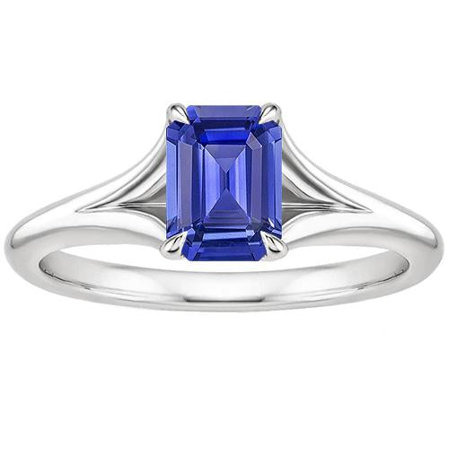 Solitaire Ring Sri Lankan Sapphire 3 Carats Emerald Cut White Gold 14K