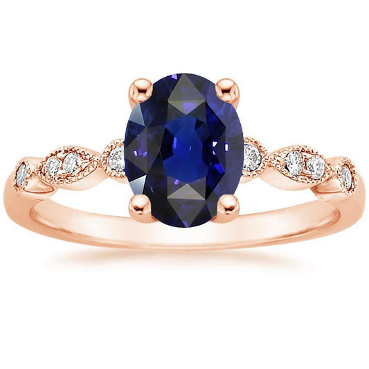 Solitaire Ring Vintage Style & Diamond Accents Blue Sapphire 4 Carats