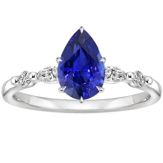 Solitaire Ring With Accents Pear Sri Lankan Sapphire 4.50 Carats