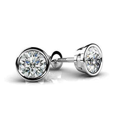 Solitaire Round Diamond Stud Earring Bezel Set 2 Carats White Gold 14K