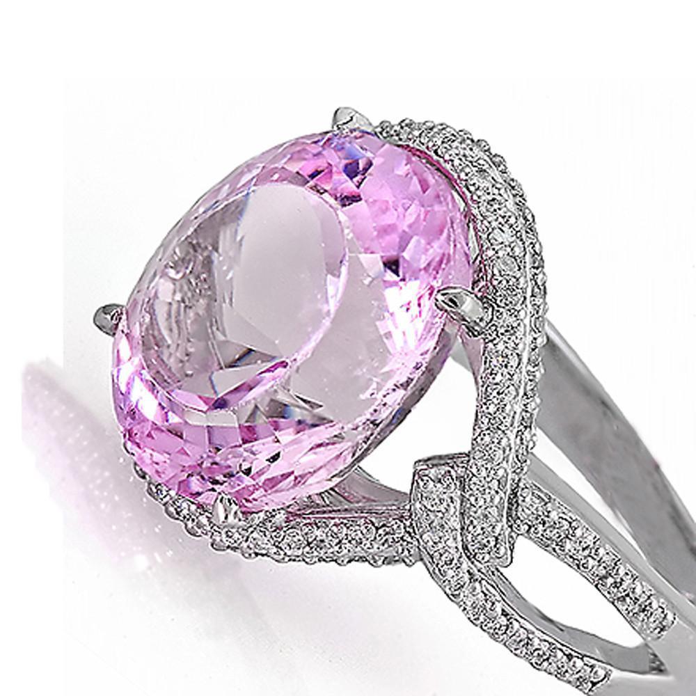 Solitaire With Accent 33 Carats Kunzite With Diamonds Ring 14K Gold