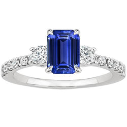 Solitaire With Accents Blue Sapphire Ring Emerald & Natural Earth Mined Diamonds 5 Carats