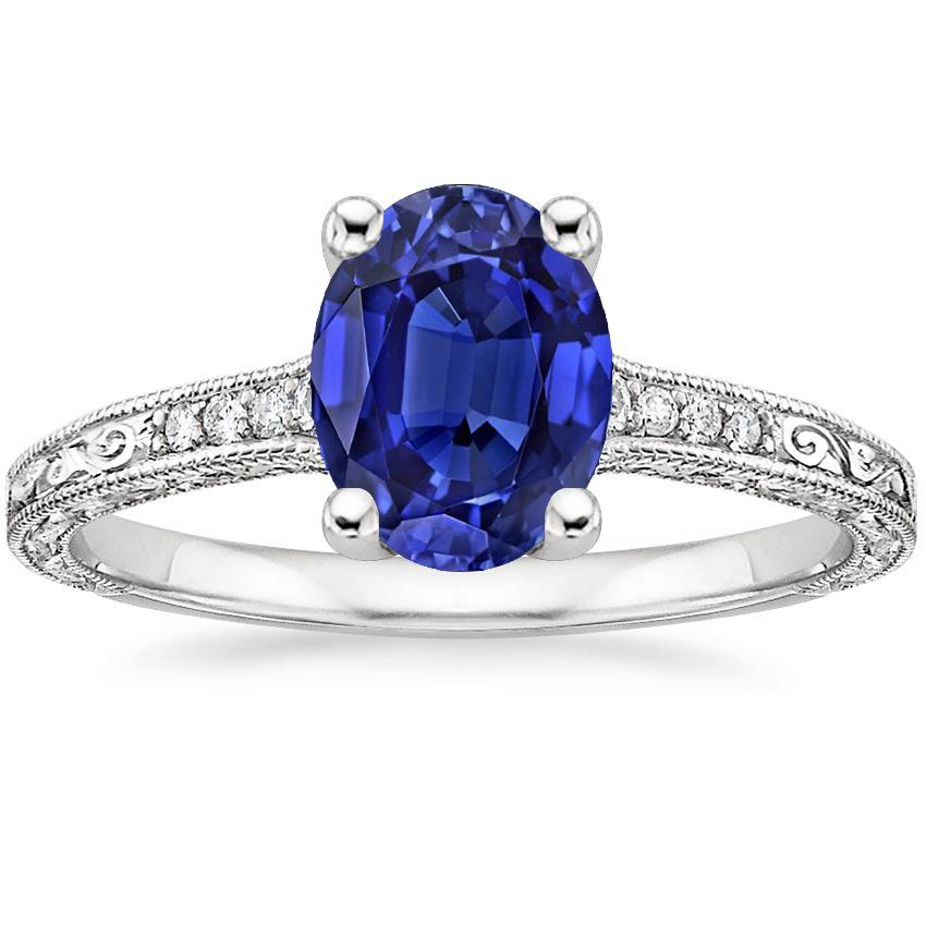 Solitaire With Accents Blue Sapphire Ring Milgrain Shank 3 Carats