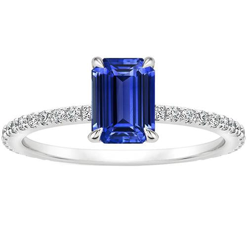 Solitaire With Accents Pave Set Ring Blue Sapphire & Diamonds 3 Carats