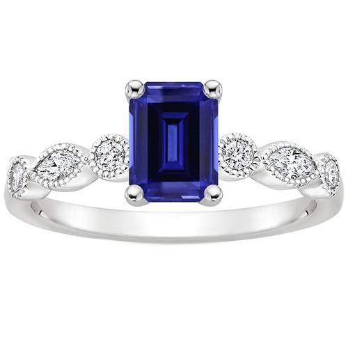 Solitaire With Accents Ring Emerald Blue Sapphire & Diamond 4 Carats