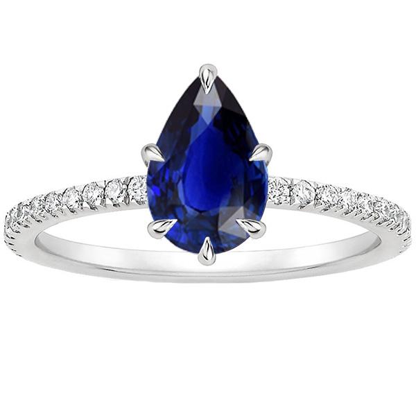 Solitaire With Accents Ring Pear Blue Sapphire & Diamonds 3.50 Carats