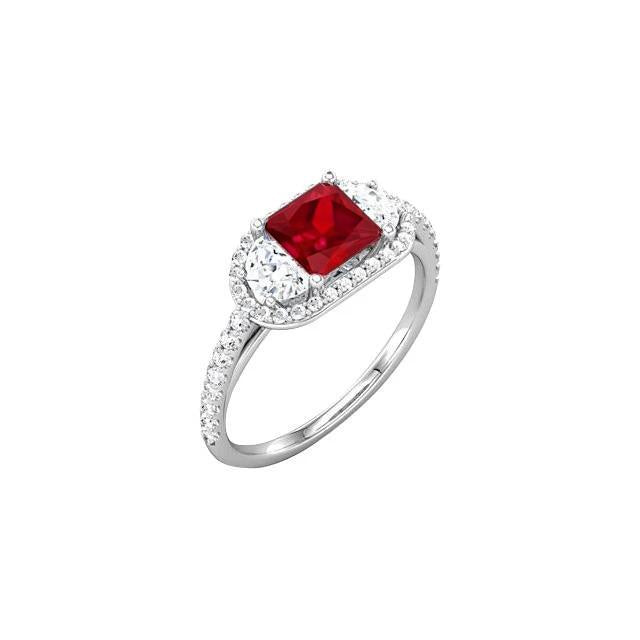 Sparkling 3 Carat Princess Red Ruby Three Stone Style Ring WG 14K