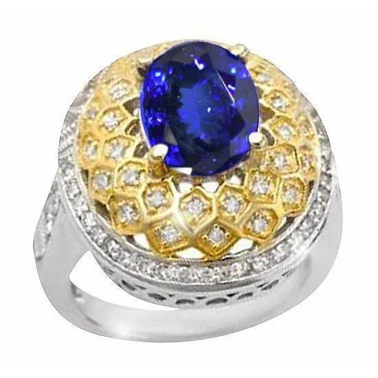 Sparkling 3.11 Ct Oval Tanzanite Diamonds Ring Two Tone Gold