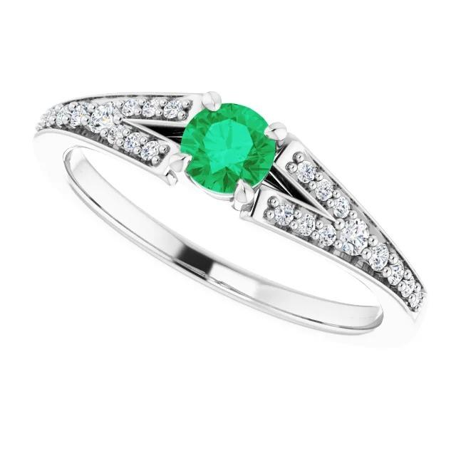 Split Shank Round Green Emerald Ring 1.75 Carats White Gold 14K