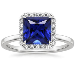 Square Shaped Halo Diamond Ring With Ceylon Blue Sapphire 5.50 Carats