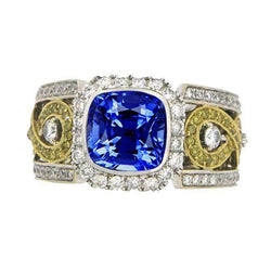 Sri Lanka Blue Sapphire Cushion Diamonds Ring 3.26 Carats Two Tone 14K