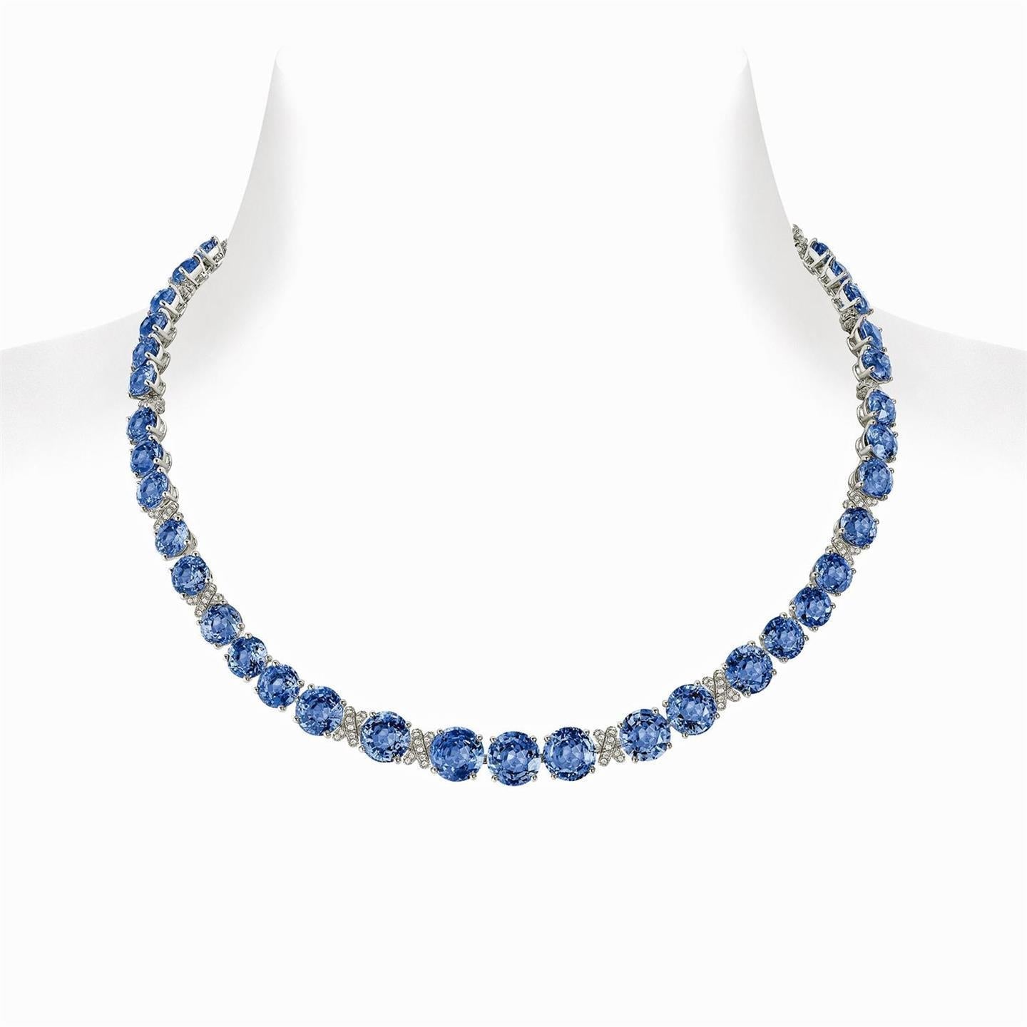 Sri Lanka Blue Sapphire Natural Earth Mined Diamonds 39.25 Carats Necklace Gold 14K