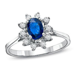 Sri Lanka Sapphire And Oval And Round Natural Earth Mined Diamonds 2.50 Ct. Ring WG 14K