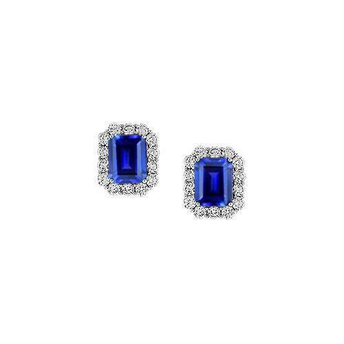 Sri Lanka Sapphire Emerald Cut Halo Round Diamond Stud Earring WG 14K