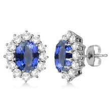 Sri Lanka Sapphire Oval & Round Pave Halo Diamond Stud Earrings WG 14K