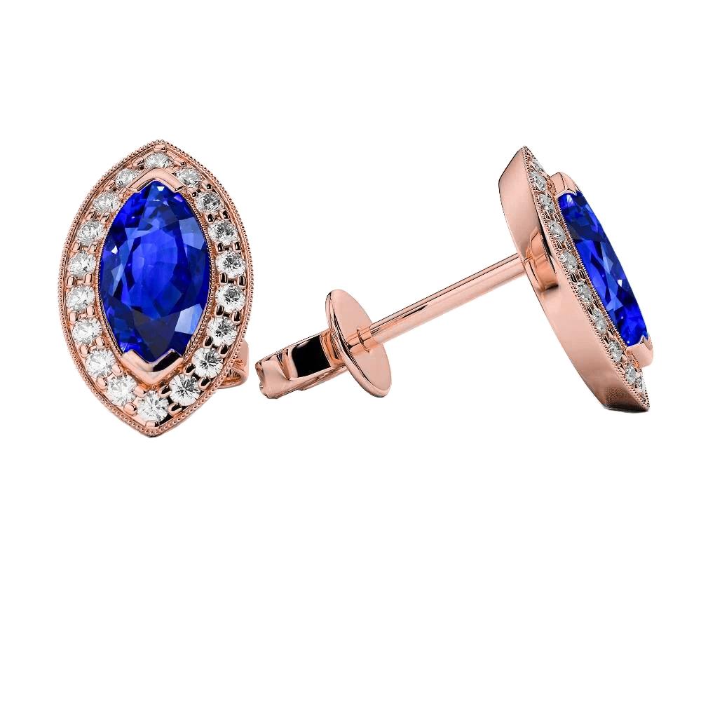 Sri Lanka Sapphire Stud Earring 4 Carats Halo Diamonds Rose Gold 14K