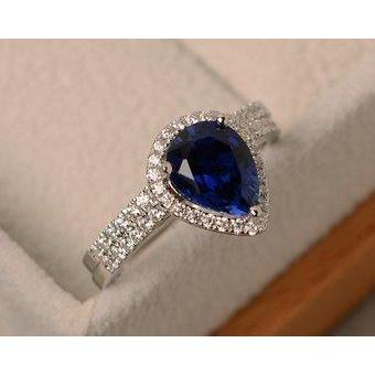 Sri Lankan Blue Sapphire Pear & Round Diamond Ring 2.75 Carat WG 14K