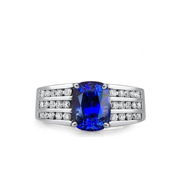 Sri Lankan Cushion Sapphire With Diamonds Ring 3.50 Ct Gold White 14K