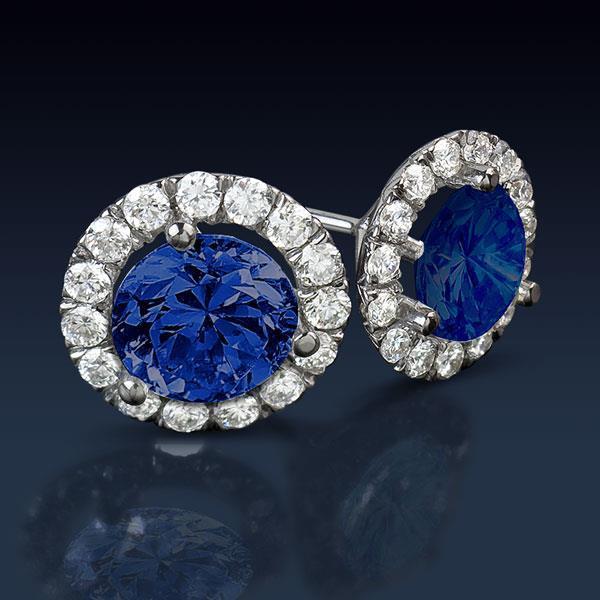 Sri Lankan Sapphire And Halo Diamond 6.40 Ct Round Cut Stud Earring