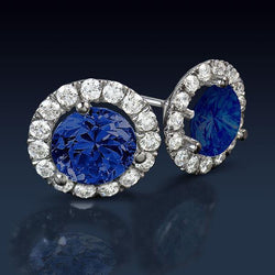 Sri Lankan Sapphire And Halo Natural Earth Mined Diamond 6.40 Ct Round Cut Stud Earring