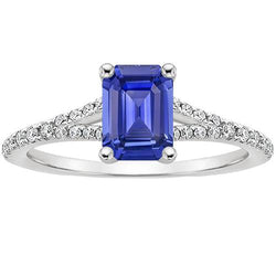 Sri Lankan Sapphire & Diamond 4 Carats Emerald Solitaire Accents Ring