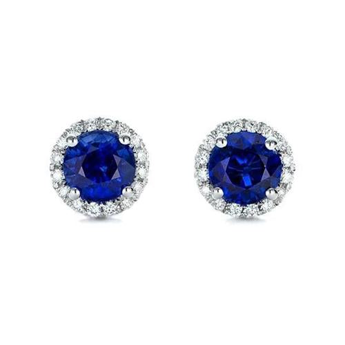 Sri Lankan Sapphire & Halo Round Diamond Stud Earrings 6.60 Ct. WG 14K