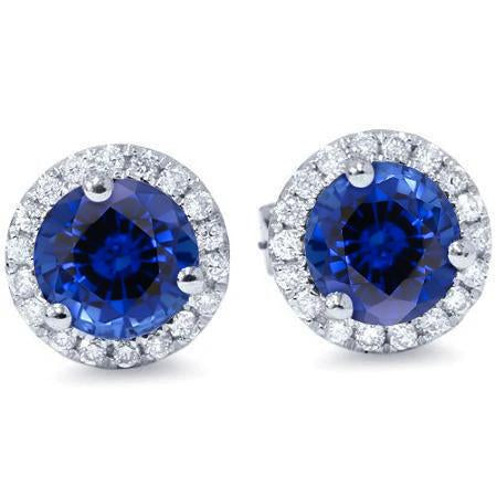 Sri Lankan Sapphire Round Cut Halo Diamond Stud Earring 3.60 Carats