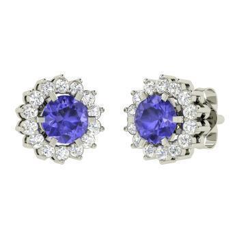 Studs Earrings Round Cut Tanzanite With Halo Diamonds 4.50 Carats