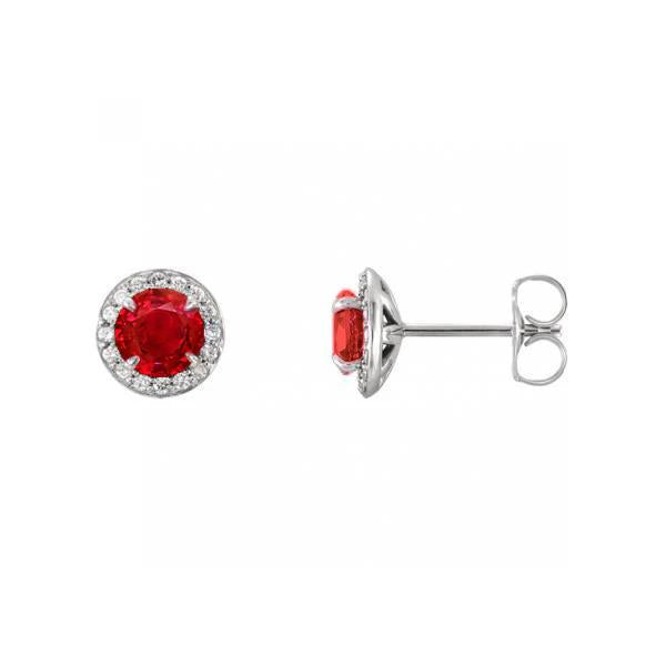 Studs Halo Earrings 14K White Red Ruby And Diamonds 4.30 Carats