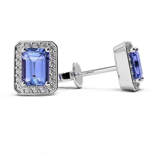 Tanzanite & Diamonds Ladies Studs Halo Earrings 5.10 Ct White Gold 14K