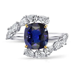 Tension Like Pear Diamond Cushion Deep Blue Sapphire Ring 3.50 Carats