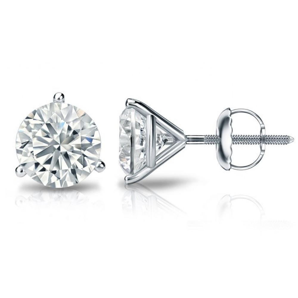 Three Prong Set Diamond Lady Studs Earrings 2.0 Carat White Gold 14K