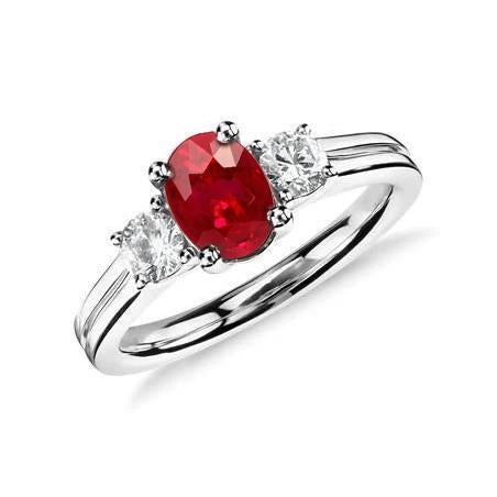 Three Stone 3.50 Carats Ruby And Diamonds Wedding Ring WG 14K