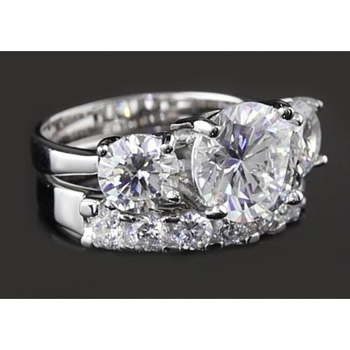 Three-Stone 5 Carats Round Anniversary Ring Set White Gold 14K