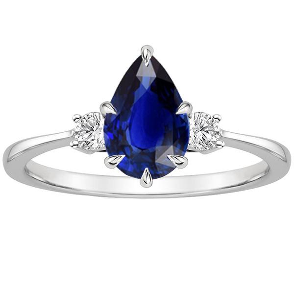 Three Stone Anniversary Ring Pear Blue Sapphire & Diamonds 3 Carats