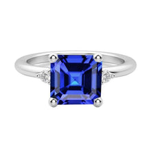 Three Stone Asscher Sapphire Ring 2.75 Carats Small Round Diamonds