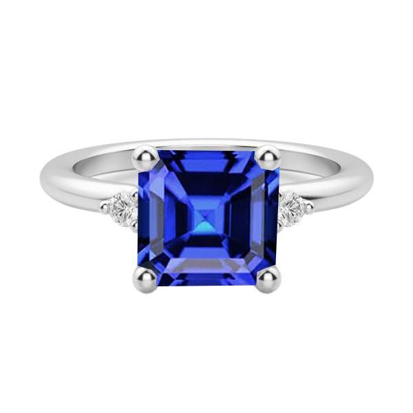 Three Stone Asscher Sapphire Ring 2.75 Carats Small Round Diamonds