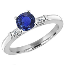 Three Stone Baguette Diamond & Round Blue Sapphire Ring 2.25 Carats