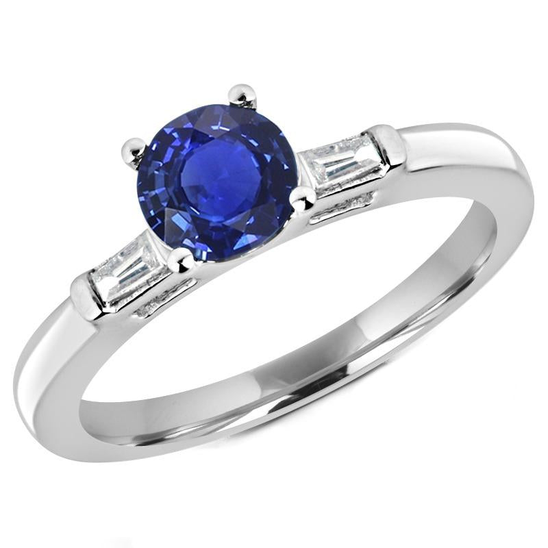 Three Stone Baguette Diamond & Round Blue Sapphire Ring 2.25 Carats